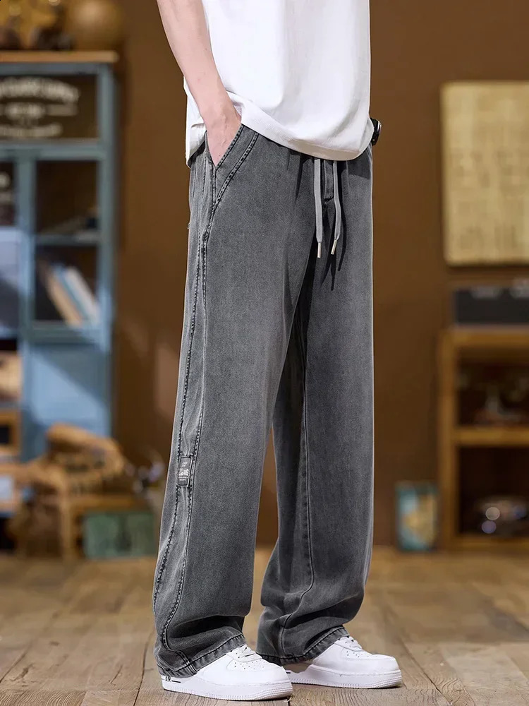 Soft Lyocell thin brushed jeans for men comfortable and casual Korean style fashionable straight three person mens street clothing loose 250407