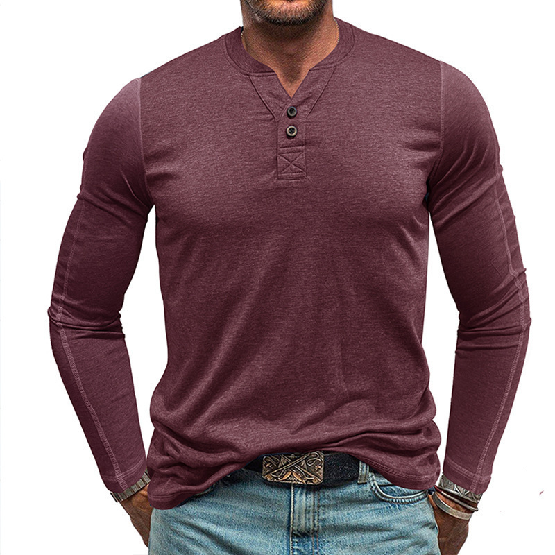 2025 mens American long sleeved mens T-shirt mens Henry collar base shirt autumn and winter elastic cotton