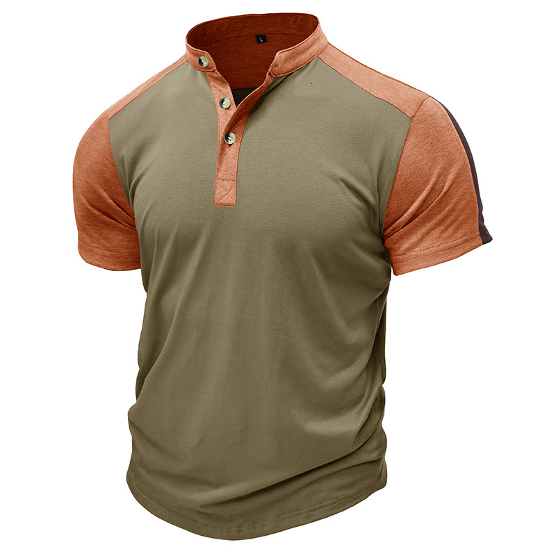 Mens Outdoor Sports Henley Shirt Mens Short sleeved Standing Neck T-shirt Fitness T-shirt Top
