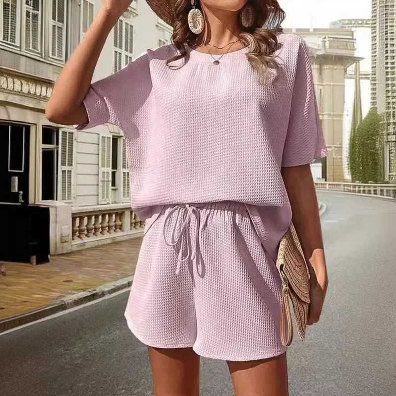 Solid color casual loose womens shorts set 2024 Ele summer womens two-piece set full set Fe setXJ250414
