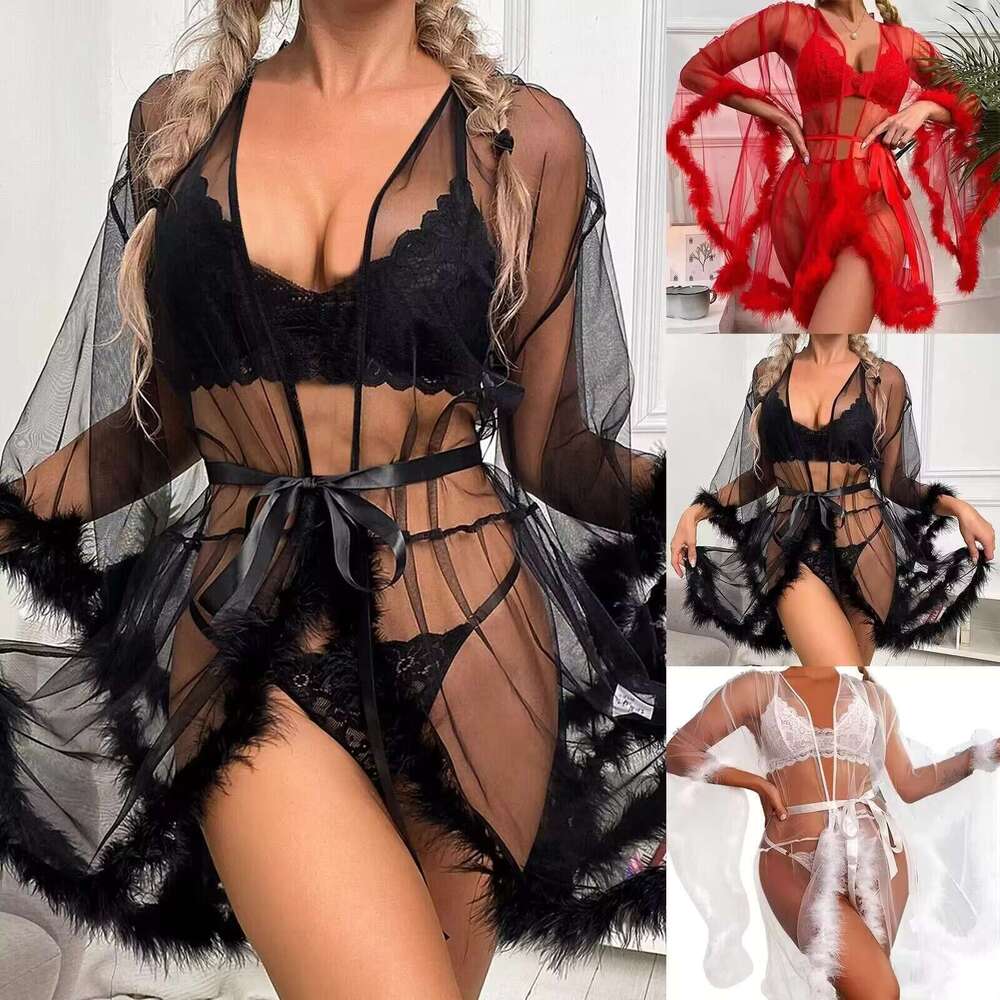 King Mcgreen Female Erotic Midi Robes Long-Sleeved Sheer Shapewear With Plush Splice And Lace Summer Long Sexy Gerie