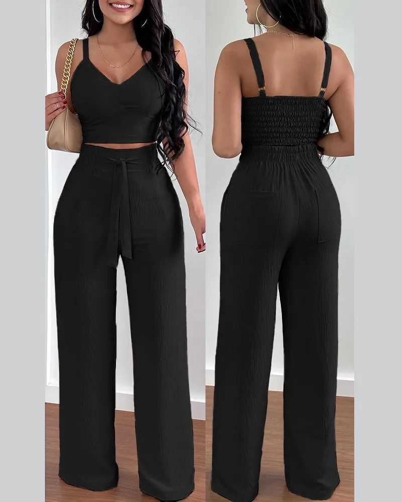 2-piece womens 2025 sexy V-neck shoulder strap shirt ultra-thin crop top and lace wide leg pants set Ele Office womens setXJ250414