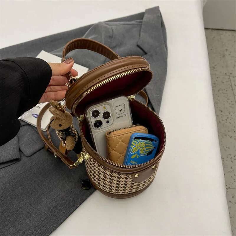 Bucket Plaid Woolen Fashion Designer Small Handbag Female Mini Crossbody Round Cyder One Shoulder Bag