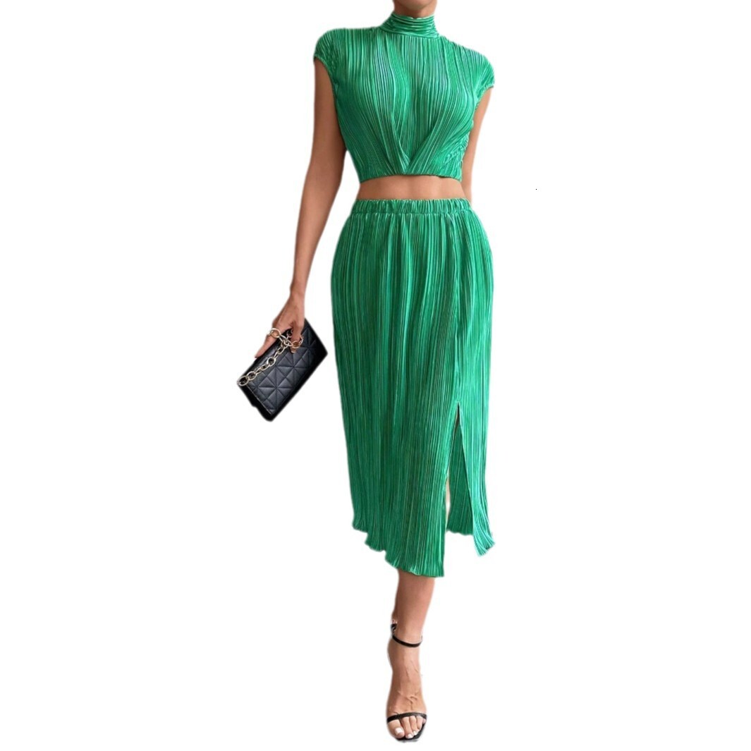 Temperament slit half skirt sleeveless slim fit top two-piece set summer sexy skirt set for women