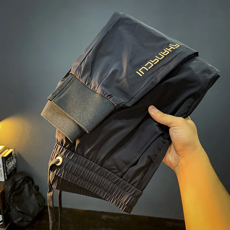 Summer thin casual pants mens white silk breathable cool ankle length black sports pants 250410