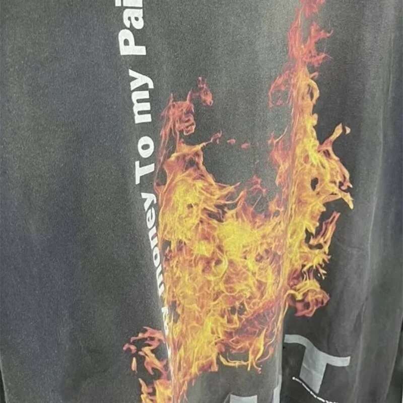 High Street 24ss Vintage Washed Long Sleeve T-Shirt Saint Man Woman Loose Printed Tops 100% Cotton Casual Fashion T Shirt Tees