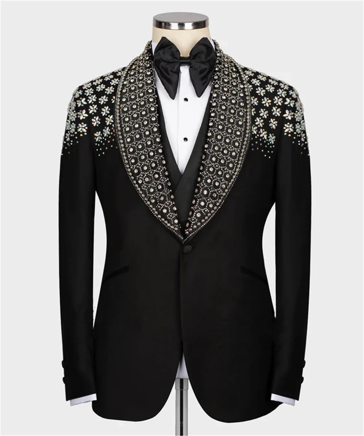 Men's Wedding Suit Tailored Shawl Lapel Blazers 3 Pieces Set Rhinestone Beaded Groom Jacket One Button Custom Made Coat Jacket+Vest+Pants
