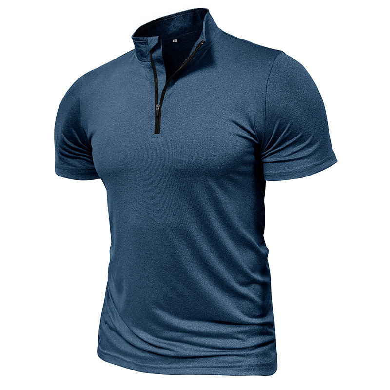 Summer mens outdoor sports and fitness zippered shirt with stand up collar high elasticity and quick drying short sleeved T-shirt for men