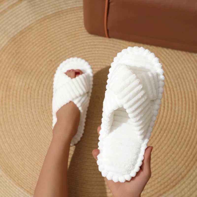 Fashion Corduroy Cross Band Home Slippers Womens Spring Autumn Warm Plush Slippers Womens Indoor Soft Bottom Cotton Slippers W250414