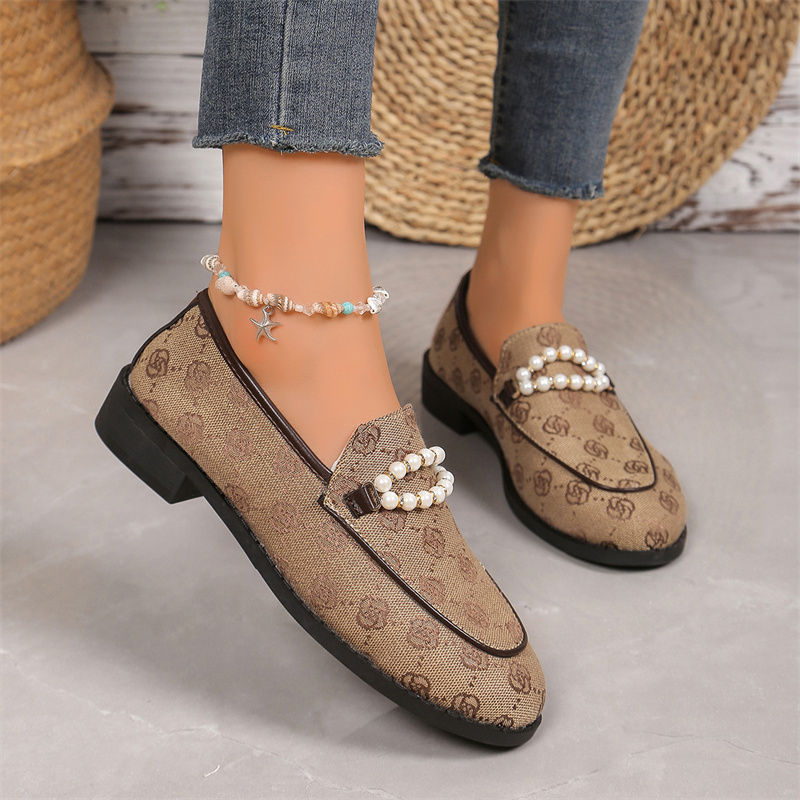 free shipping designer shoes for women ladies 2025 New Large Thick Heel Printed Pearl Metal Buckle Fashion Casual Outerwear Size 36-43 for daily wear