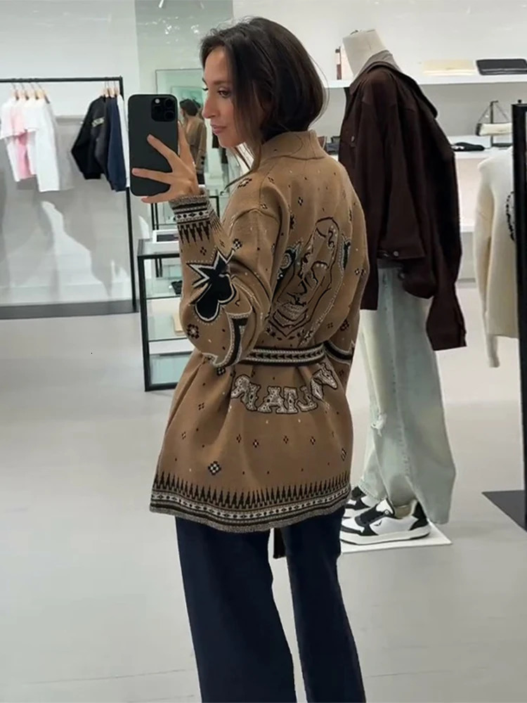 Bohemian Print Coats For Women Knit Cardigan Jackets Vneck Belt Tops Long Sleeve Fashion Outwear Daily Casual Autumn Wear 251113 - view 5