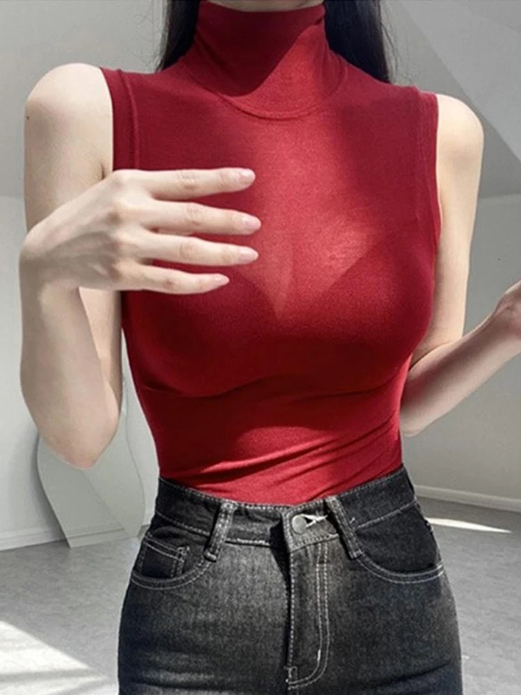 Sexy vest solid camisole crop top womens summer turtle neck fashionable casual tube sleeveless cut 250414Z
