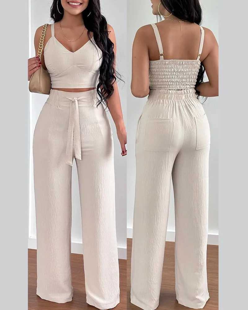 2-piece womens 2025 sexy V-neck shoulder strap shirt ultra-thin crop top and lace wide leg pants set Ele Office womens setXJ250414