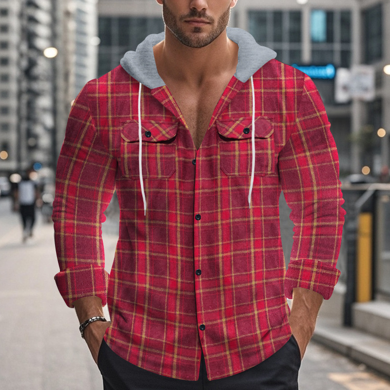 American plaid men's autumn and winter hooded flannel jacquard shirt casual jacket men