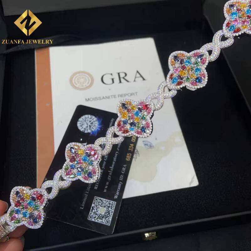 New Designs Pass Diamond Tester Moissanite Colored Four-Leaf Clover Bracelets 925 Sterling Silver Moissanite Mens Bracelet