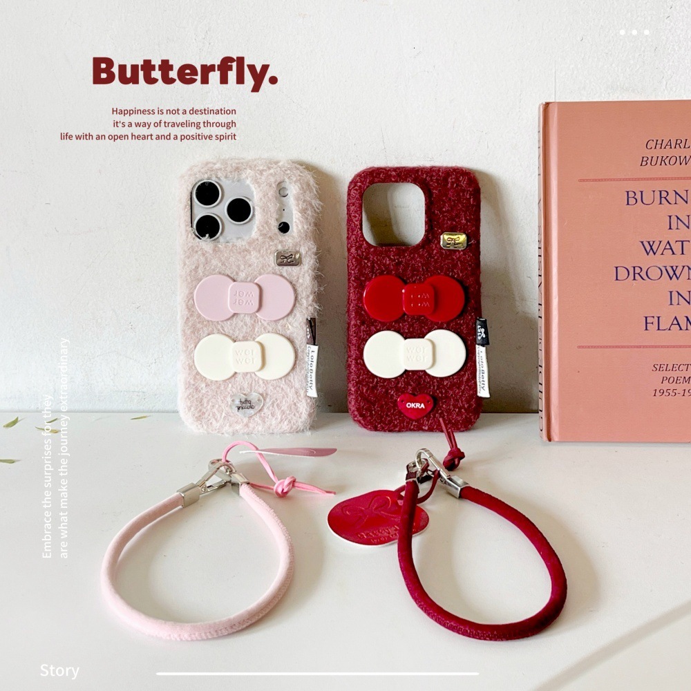 Velvet Bow Phone Case Suitable for iPhone 17 Pro Max Solid Color Lanyard Protective Cover iPhone 16/15 Pro