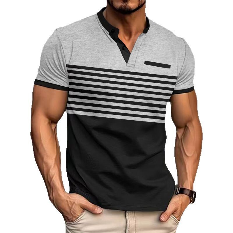 Summer Men's Casual POLO Shirt V-neck Striped Button Flip Collar Short Sleeve 2025 Top for Men