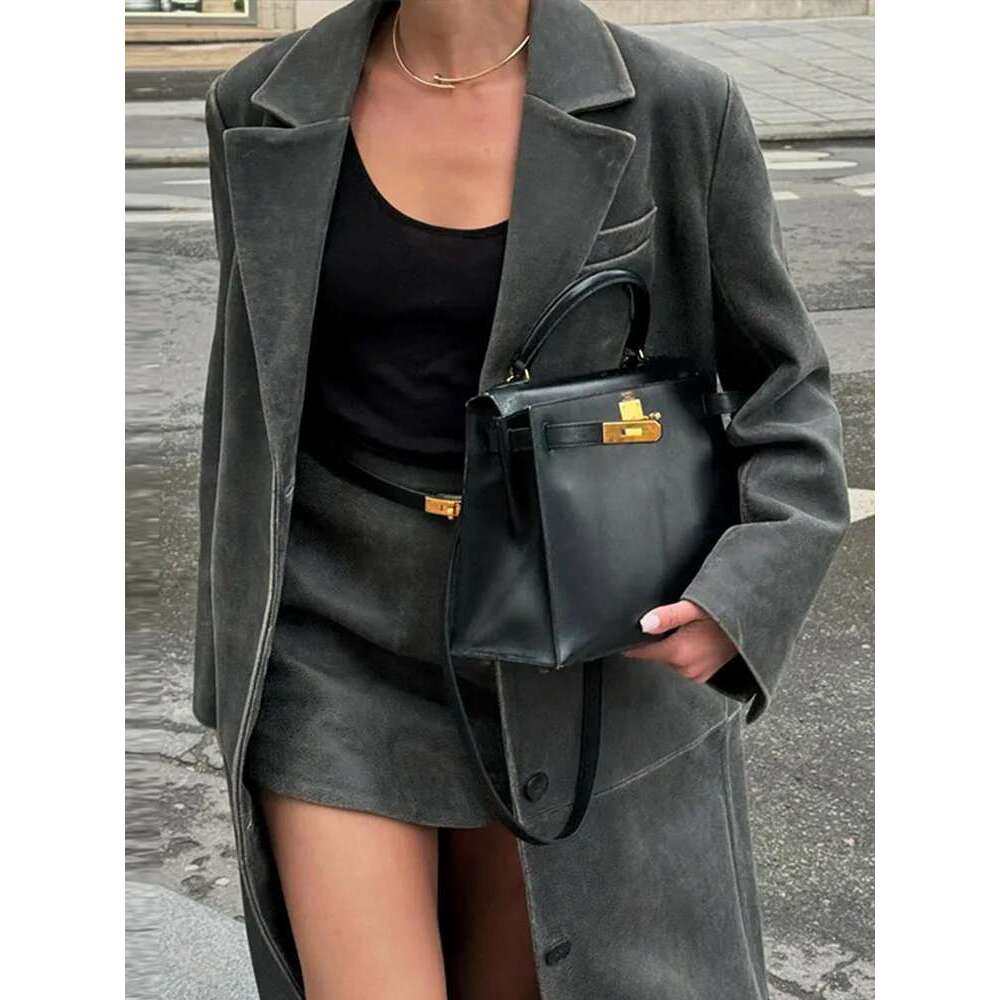 Designer Clothes Grey Leather Women's Coat Vintage Turndown Collar Single Breasted Long Sleeve Coats Fashion Autumn Retro Jacket Outerwears