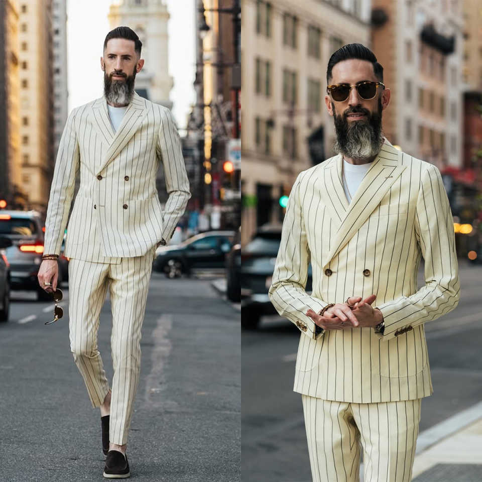 Classic Pinstripe Wedding Tuxedos 2 Piece Set Jacket Pants Men Suit Peaked Lapel Casual Groom Wear Party Suits Customized