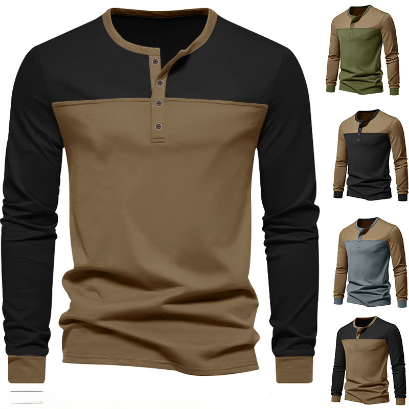 American style spring and autumn long sleeved T-shirt men, thin cut color blocking slim fit Henry base shirt for men