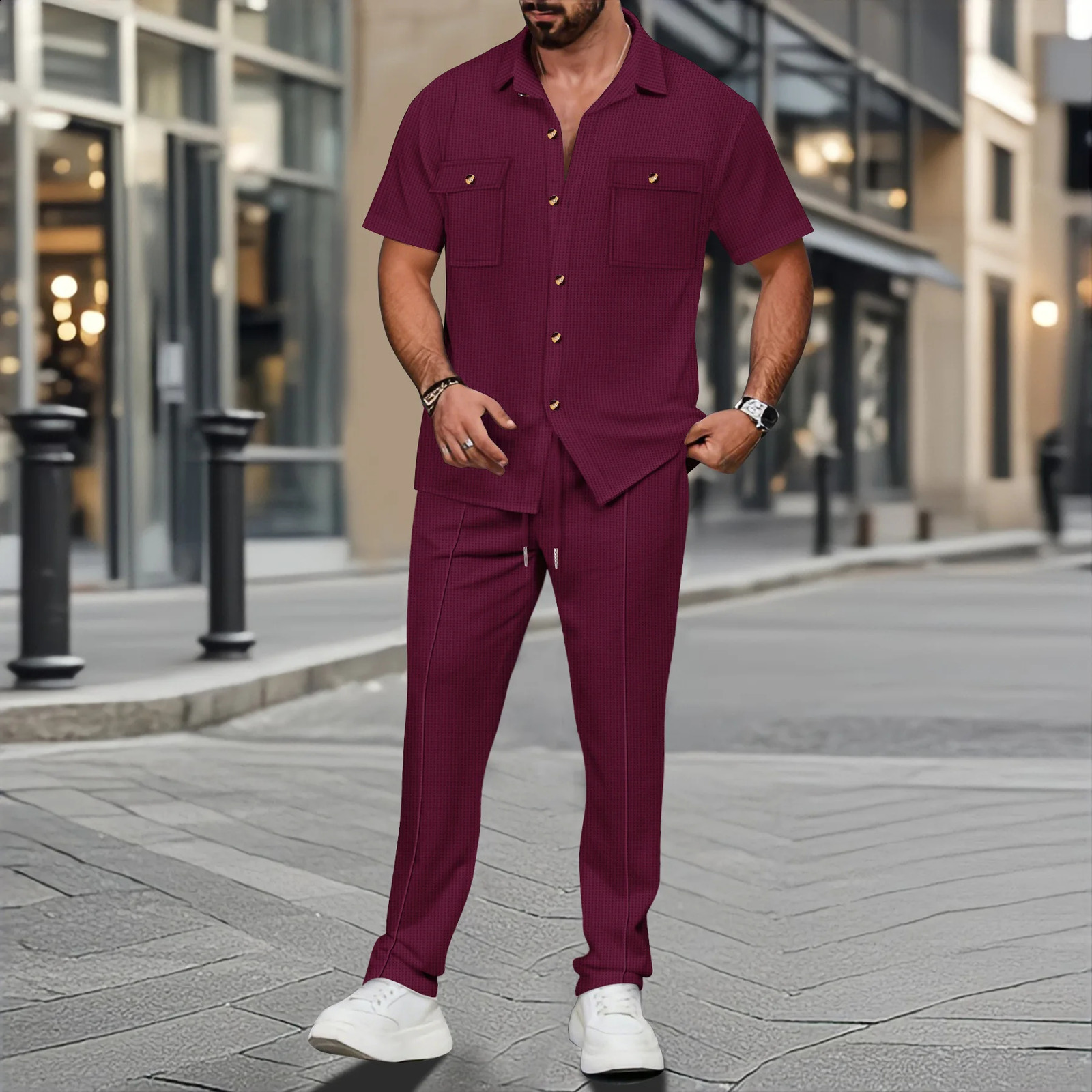 2025 summer men light ripe casual solid color button pocket fashion Waffle trend shirt short-sleeved trousers two-piece set 250409