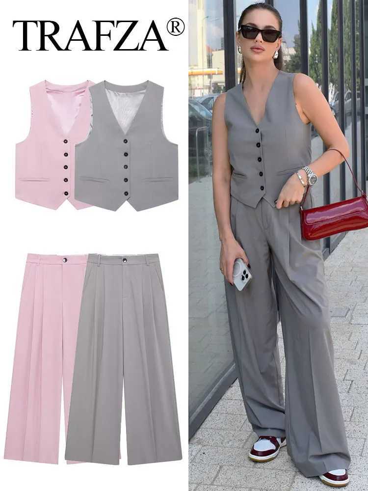 TRZA Womens Tank Top Pants Set Front Fake Edge Pocket Adjustable Straps V-neck Tank Top High Waist Trouser Office Womens SetXJ250414