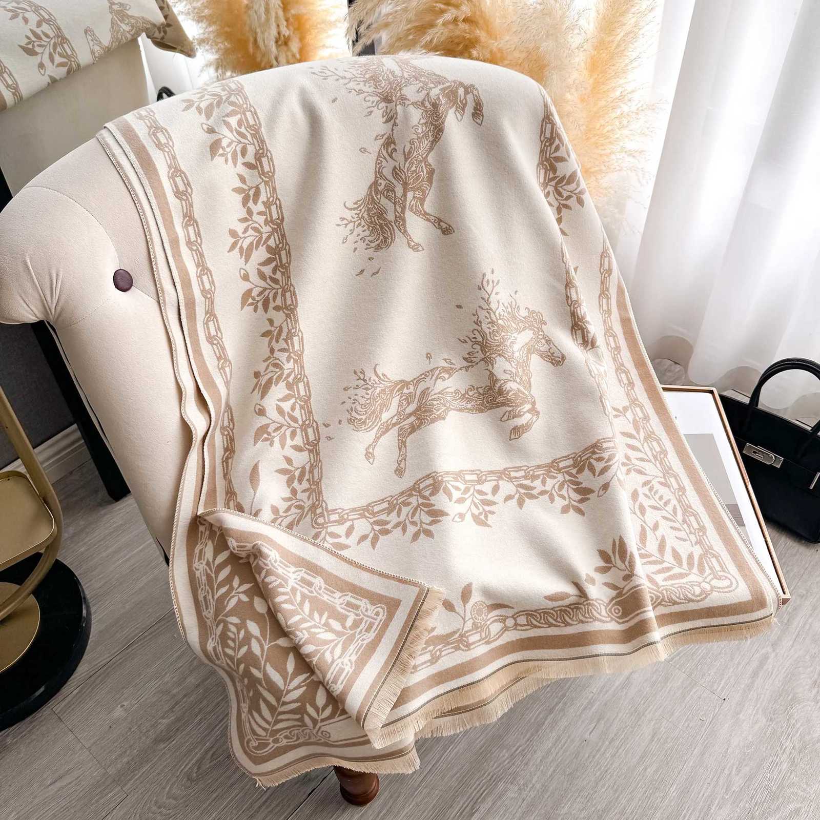 Luxury Luxury Leaf Animal Print Scarf for Women - Warmer Winter Imitation Cashmere Pashmina Scarves Thick Female Blanket Wraps Y251114