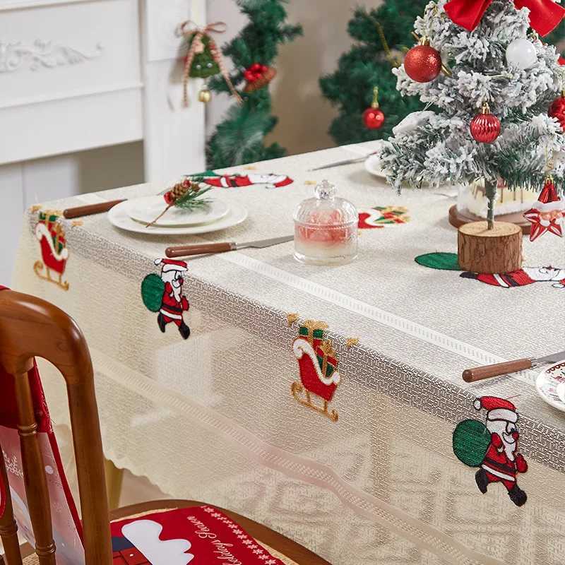 Christmas Khaki embroidered cartoon Santa Claus lace tablecloth Christmas party table cloth cartoon cute style Y251113