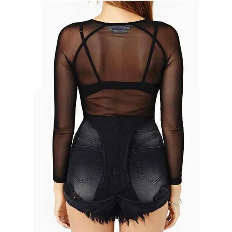 Hot New Spring Summer Womens Long Sleeve Sexy Black Mesh Top T Shirts Transparent Punk Club Streetwear Tees Beach Tops