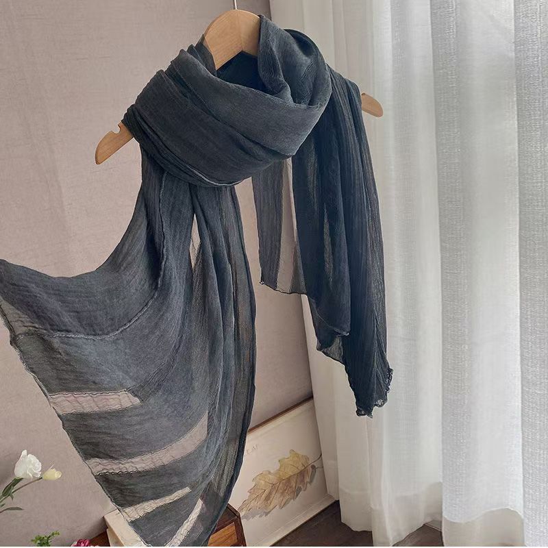 T473 new long cotton and linen scarf spring autumn winter pure color silk splicing shawl pleated female literary neck collar