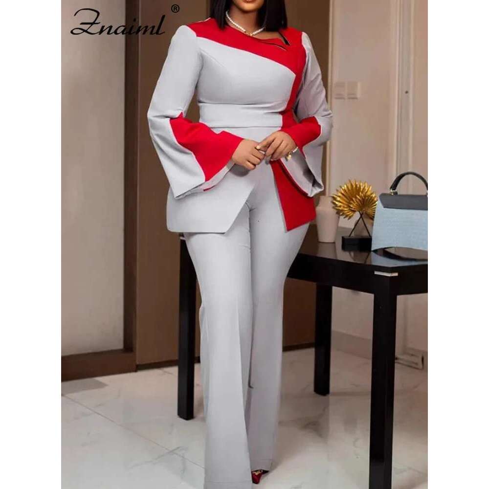 Znaiml Women's Fashion Patchwork Long Flare Sleeve Tops And Wide Leg Pants Blue Two 2 Piece Set Casual OL Work African Outfit