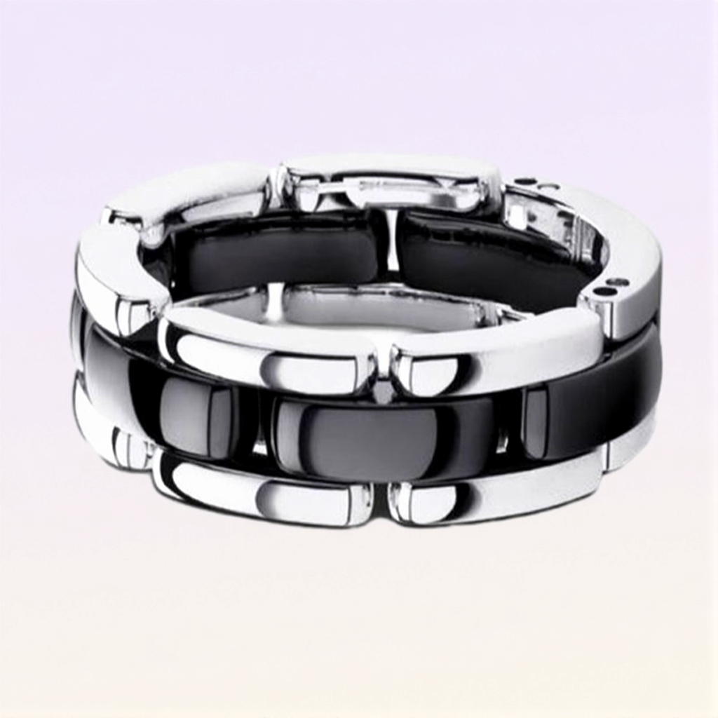 Cluster Rings Top Quality Double Row Black Ceramic Watch Chain Style Ring Stainless Steel Jewelry For Women
