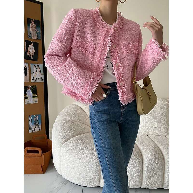 Designer Clothes Pink Fringe Fur Shoulder Pad Tweed Jacket Blazer Boucle Crop Coat For Women 2023 Spring