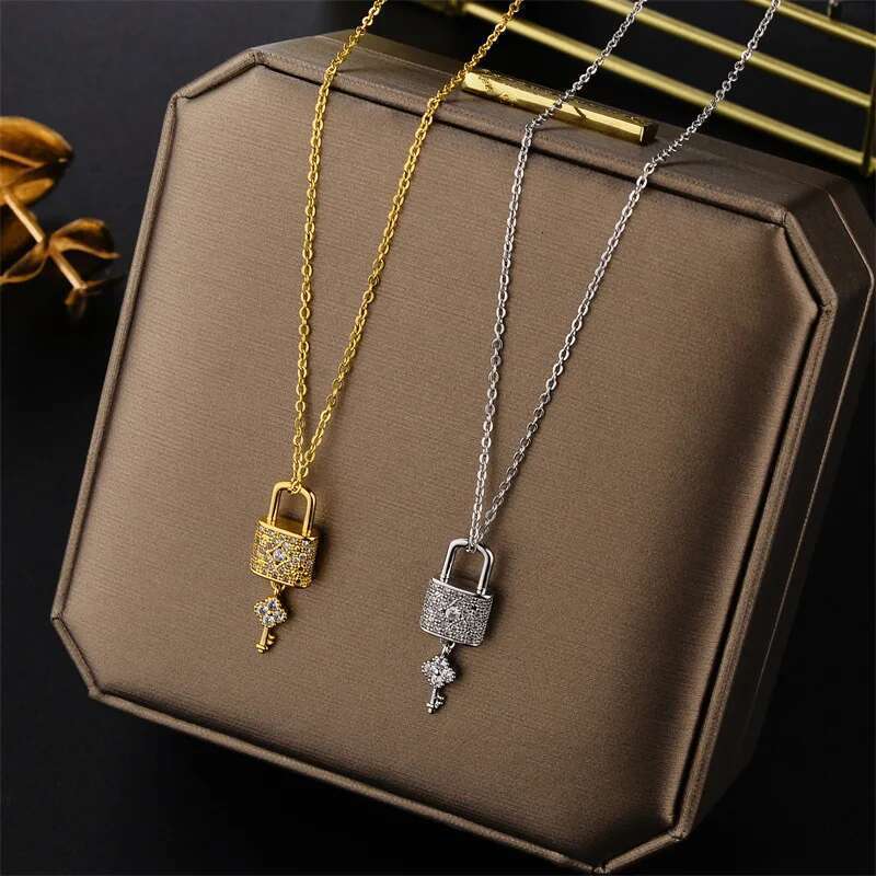 New Design Sense Light Zircon Crystal Lock Key Pendant Stainless Steel Necklaces For Women Sexy Party Neck Chain Jewelry