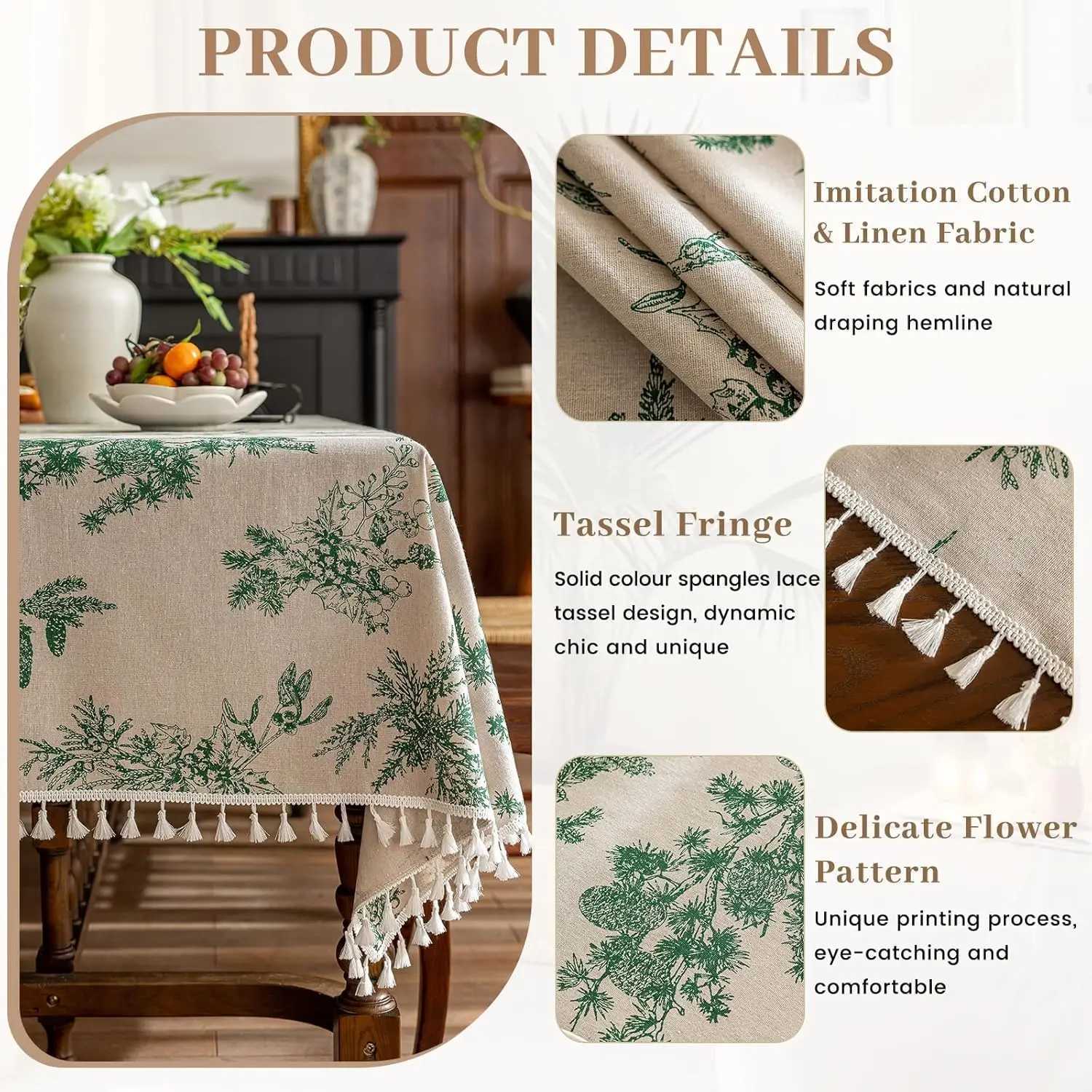 Christmas Square Vintage Cotton Linen Tablecloth with Stitching Tassels Washable Fabric Table Cover for Christmas Dining Kitchen Tea Party Y251113