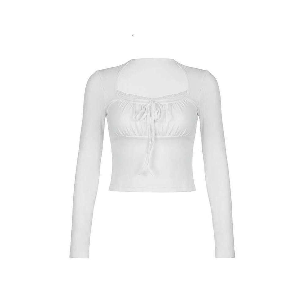 Bandage Folds Square Collar Crop Top Women Fairycore y2k White T Shirts Basic Knitted Elegant Tees Vintage 2000s Clothing