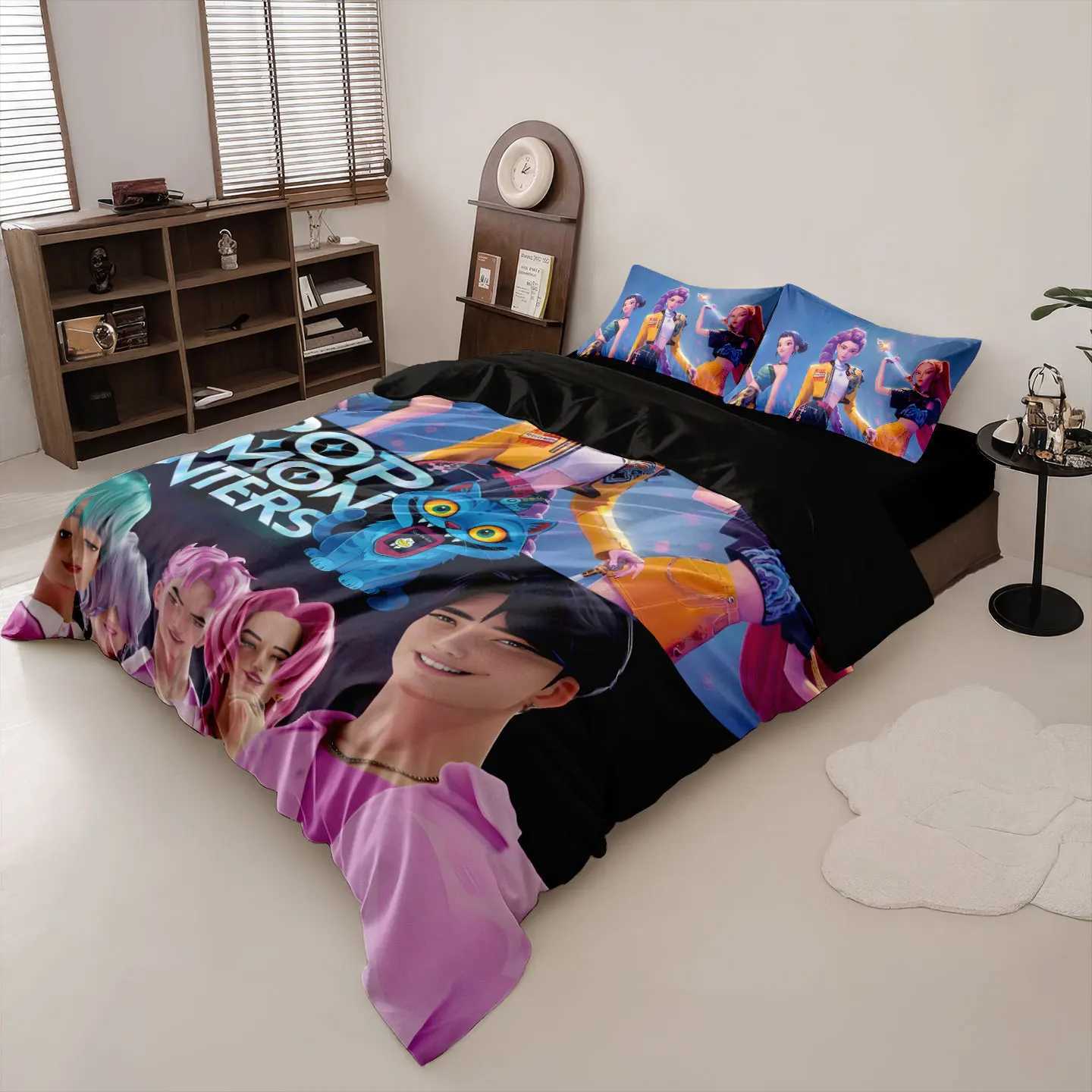 K-Pop Bedding Set Demon Hunters Themed pink or Black other side Print Polyester Student Dormitory Duvet Cover Boys Girls Gift Z251111