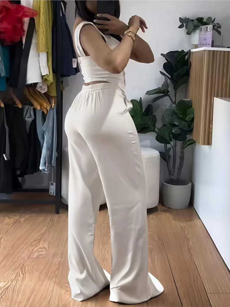 Fashion womens Y2k sexy two-piece set summer velvet free ultra-thin vest and wide leg Trouser set Ele Solid Pants womens setXJ250414