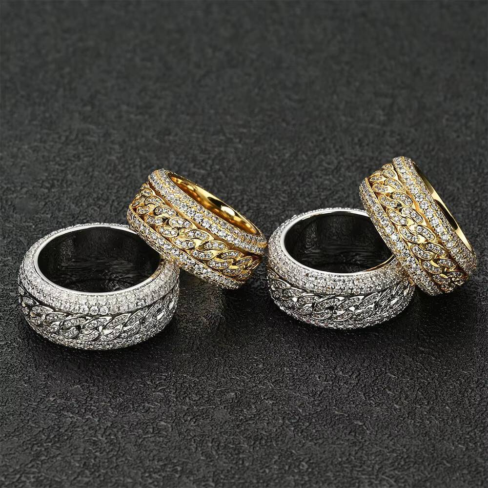 Fashion 14K Gold White Gold Plated Iced Ring Mens/Womens Radiant Cut Moissanite Eternity Bling Cuban Link Chain Ring Chic