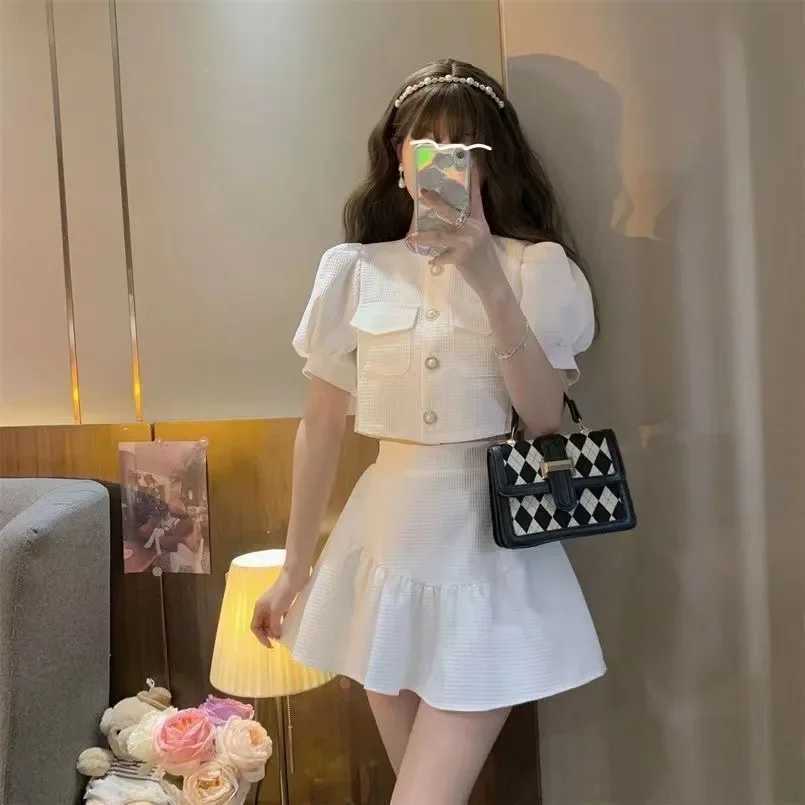 Ele Butterfly Knot Bubble Sve Top Womens Summer Dress Two Piece Set High Waist Folded Mini Skiing EnsembleXJ250414