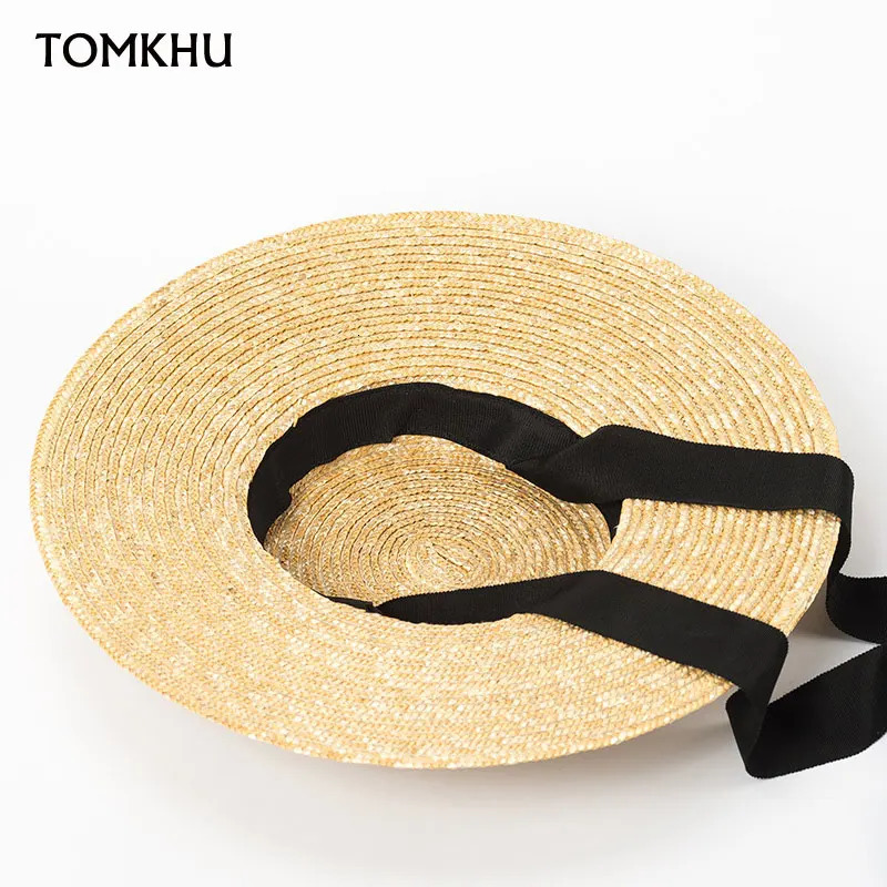 Wide Brim Sun Hats 15cm Brim Boater Straw Hat Flat Women Summer Derby Chapeau Hat White Black Ribbon Tie Sunscreen Beach Cap 250408