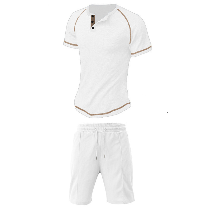 Summer Fashion Casual Slim Fit Wear Henry T-shirt Waffle Sports Shorts Set Men's