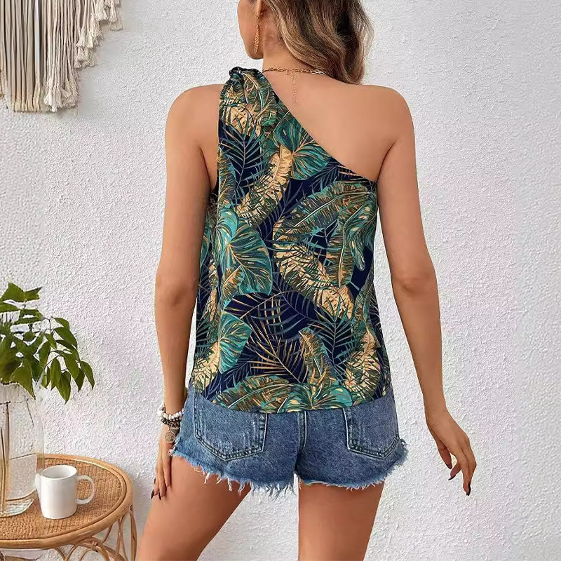 2025 summer camisole womens vacation beach print single shoulder vest top