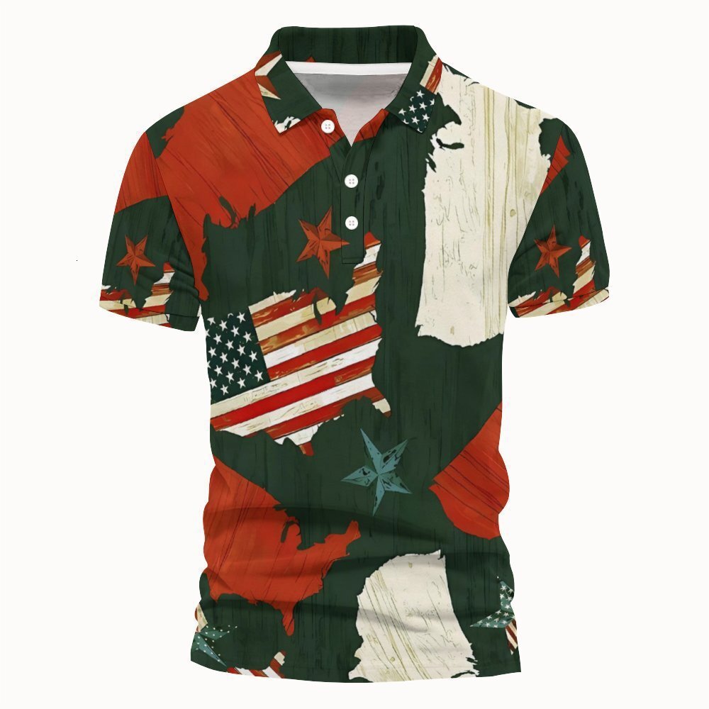 2025 summer collar digital printed polo shirt fashion casual men's American short sleeved T-shirt