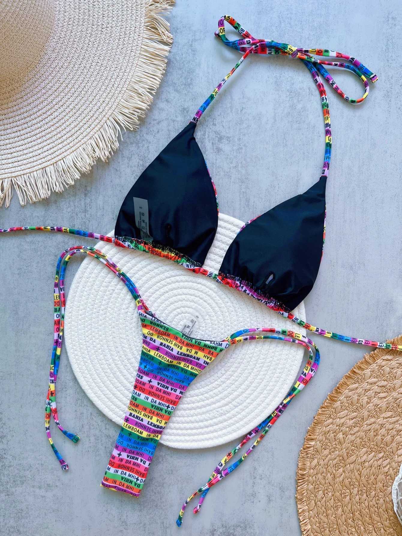 RUOTONSEPT Letters Printed Colorful Mini Thong Bikini Women Swimwear Female Swimsuit Two-pieces Bikini set Bather Bathing SuitW251113