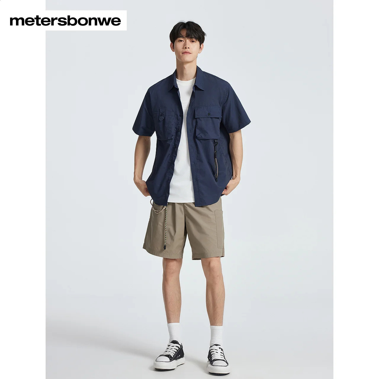Metersbonwe Mens Polo Neck Short Sleeve Freight Shirt Loose Solid Color Business Shirt Japanese Style Summer 250411