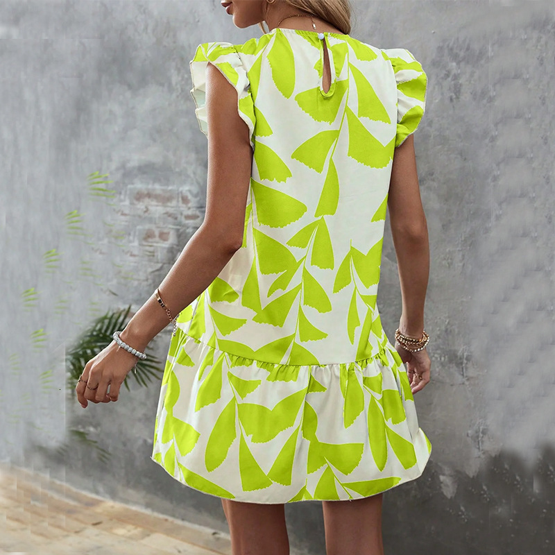 Dress 2025 summer round neck ruffle sleeves A-line skirt loose beach skirt for women