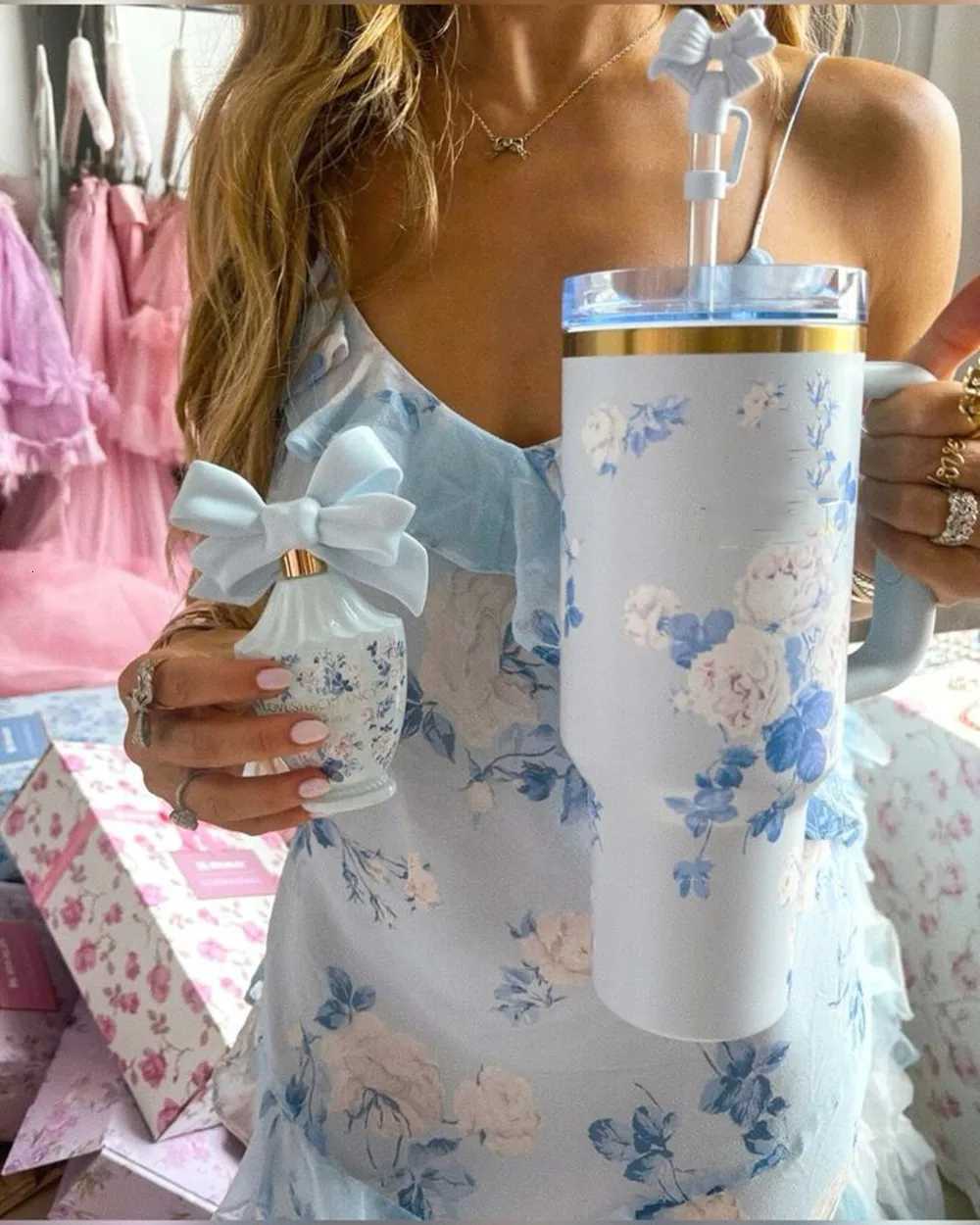 Spring Engraved Floral Tumbler Mug 40oz Premium Stainless Steel Tumbler with Silicone Handle Vacuum Travel Home and Outdoors C251114