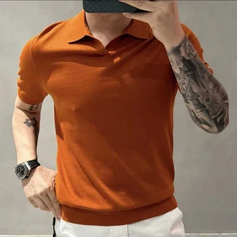 Mens summer fashion simple casual thin basic knitted polo shirt mens solid short sleeved ultra-thin breathable floral top W250414
