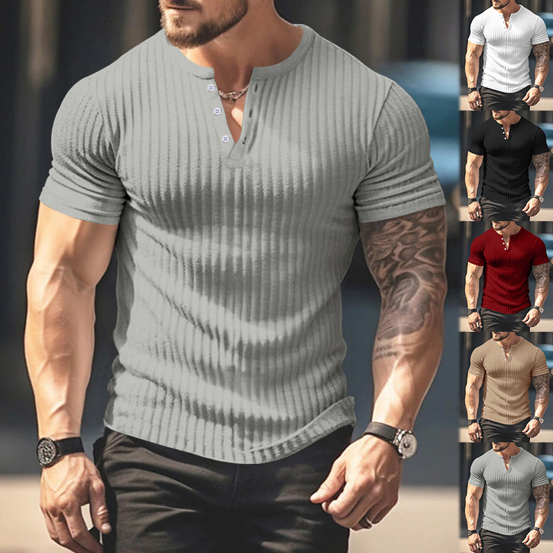solid color mens new summer versatile short sleeved Henry shirt casual knitted T-shirt